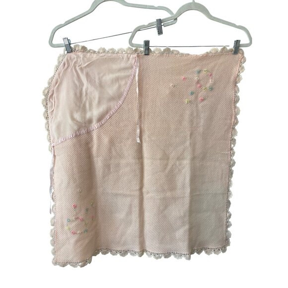 Vintage Hooded Baby Blanket 31.5" X 30" Crochet Lace Pastel Embroidered Floral - Picture 2 of 8